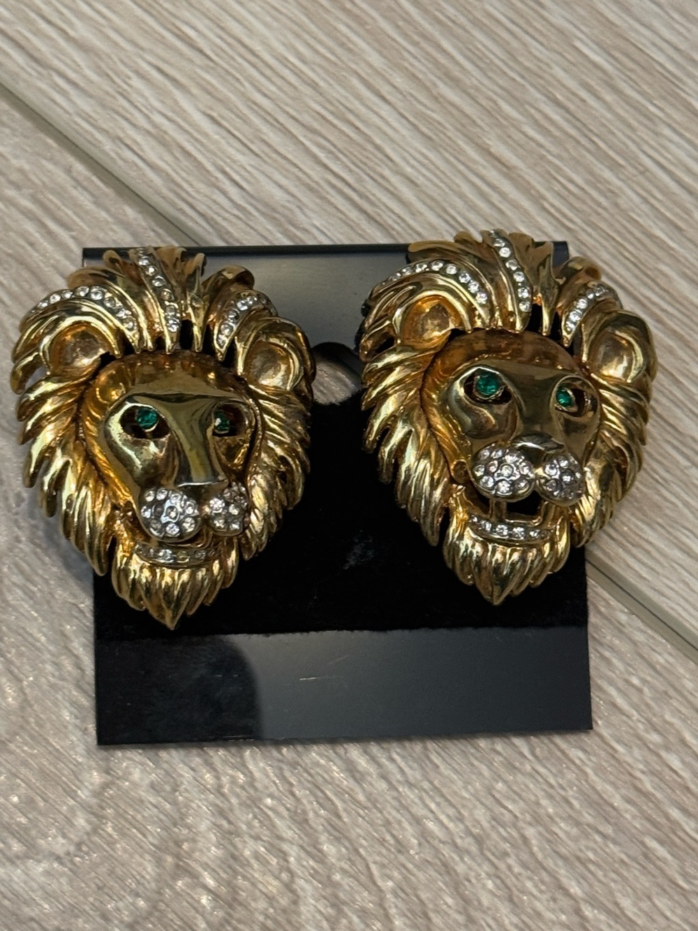 Vintage Gold Lion Head Clip-On Earrings with Green and Clear Accents